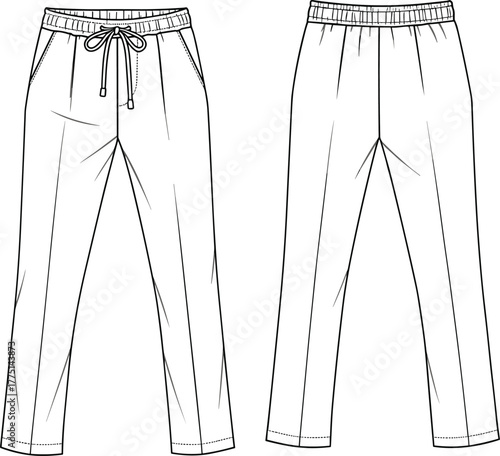 Flat technical sketch of casual drawstring pants with elastic waistband, relaxed fit, side pockets, straight leg design, vector fashion illustration.