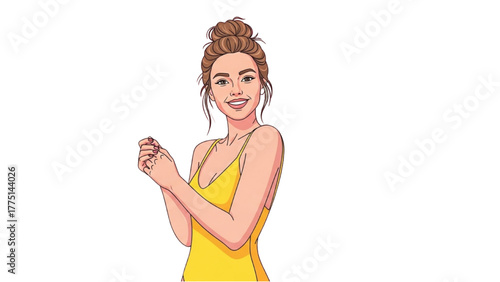 Smiling Woman in Yellow Top with Hair Bun Illustration