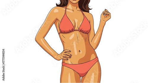 Attractive young woman with a healthy tan poses confidently in a stylish two-piece bikini, ready for summer leisure