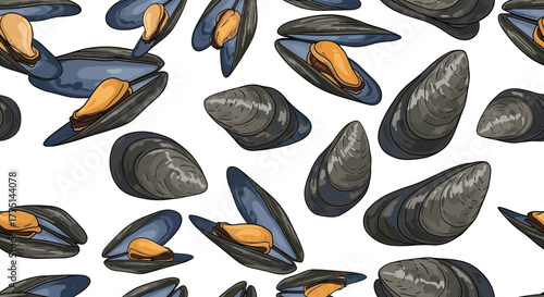 A hand-drawn seamless pattern featuring delicious steamed mussels, both open and closed, scattered across a clean white background.
