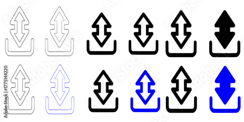 Set of upload and download icons arrow symbol in black and blue outline styles, cloud data transfer and file sharing symbols