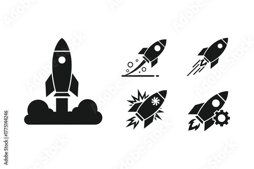 Rocket Set of five black  ship icons representing space exploration and launch, vector design