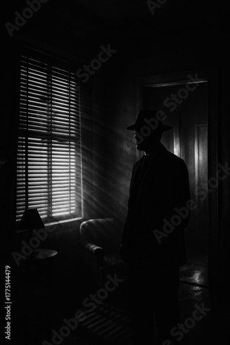 Film Noir Black and White Portrait of a Man in Hat with Light Through the Blinds