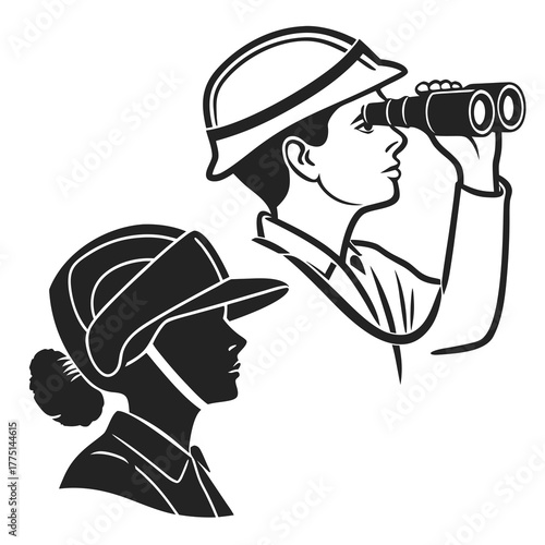 People in helmets looking through binoculars