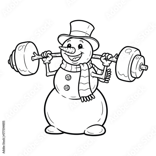A snowman lifting a heavy barbell weight colouring page