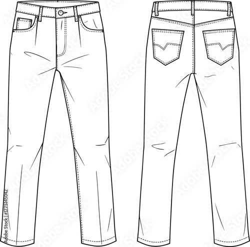 Flat technical sketch of classic straight fit denim jeans with five pockets, waistband, topstitching, belt loops, and back yoke seam.