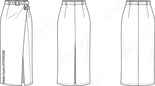 Fashion flat sketch, CAD pencil skirt, technical design vector, front and back view, digital illustration, women's wear template