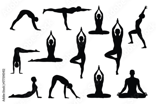 Yoga Poses Silhouette Vector Set Collection of Female Figures in Various Asanas and Meditation Poses