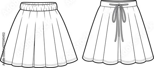 Photos Flared skirt front and back view with elastic waistband and drawstring detail, c