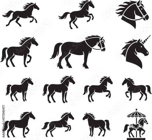 Elegant black horse silhouette icons, featuring running, standing, and prancing horses, as well as a unicorn, carousel horse, and heart-shaped horse designs. Perfect for logos, tattoos, equestrian