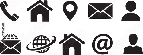 Contact and communication icon set in black vector style. Includes phone, home, map pin, mail, user, globe, and internet symbols — perfect for web, app, or business card design.