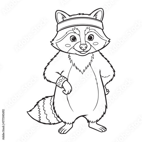 Cartoon raccoon wearing a headband outline colouring page
