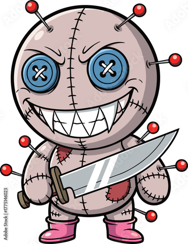 Cartoon voodoo doll with button eyes, creepy horror mascot holding knife, spooky Halloween stitched toy design, dark humor vector art, cad drawing flat vector illustration