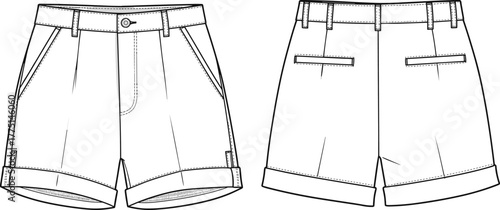 Flat front tailored shorts, technical cad drawing, vector fashion sketch, front and back views, fashion illustration for apparel design