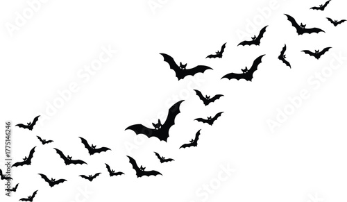 Group of flying bats in night sky, spooky halloween background, vampire silhouettes pattern, horror dark illustration, isolated vector design