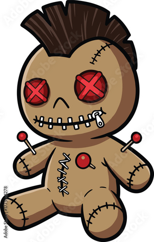 Cartoon voodoo doll with stitches, red button eyes, zipper mouth, pins in body, spooky Halloween design, cad drawing flat vector illustration