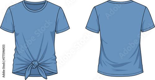 Trendy women front tie t-shirt fashion flat sketch, short sleeve blouse technical drawing front and back view, cad vector illustration