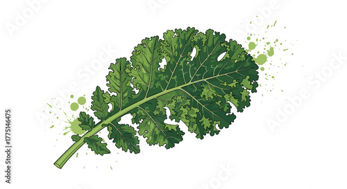 Hand-drawn illustration of a vibrant green curly kale leaf with fresh paint splatters, isolated on a clean white background.