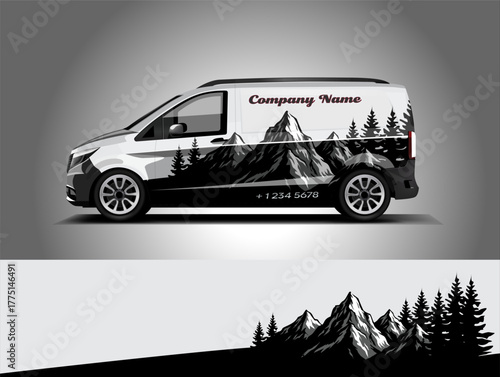 Black and white van wrap with mountain landscape and pine forest silhouette. Perfect for adventure, travel, or outdoor-themed company branding. Editable vector EPS format included.