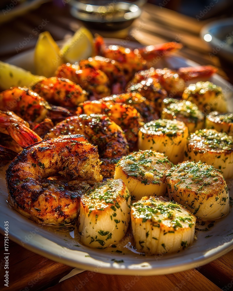 Fototapeta premium A Platter of Grilled Seafood Featuring Shrimp and Scallops