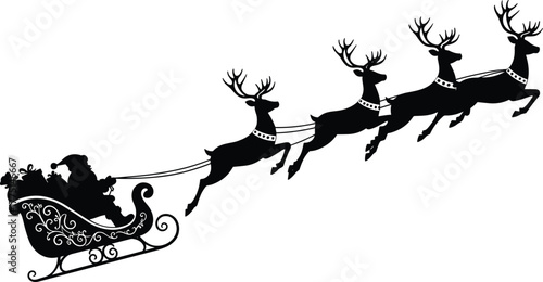 Silhouette of Santa Claus riding sleigh pulled by flying reindeer, Christmas holiday season background, festive winter illustration, joyful celebration art