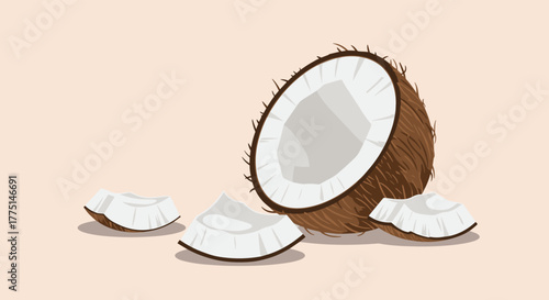 A stylized illustration of a fresh coconut, cracked open to reveal its white flesh, surrounded by several smaller pieces.