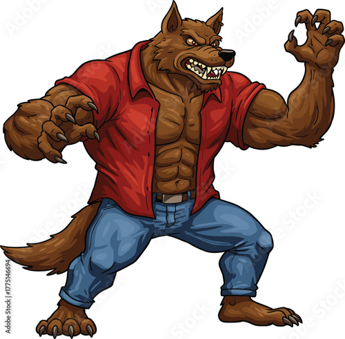 Cartoon werewolf character illustration, muscular beast with claws teeth fierce expression in red shirt jeans, horror fantasy monster art, cad drawing flat vector illustration