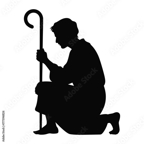 Kneeling Shepherd Silhouette Icon: Nativity Scene, Christmas, and Religious Worship Vector