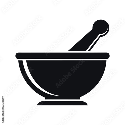 Black mortar and pestle icon on white background grinding