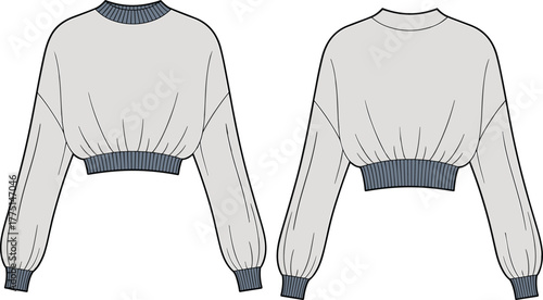 Fashion sweatshirt flat sketch, technical CAD drawing, long sleeve cropped sweater design, ribbed cuffs hem detail, apparel vector illustration