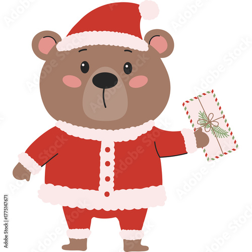 Cute Cartoon Bear Wearing Santa Claus Costume Holding a Christmas Card with Festive Decorations and a Transparent Background