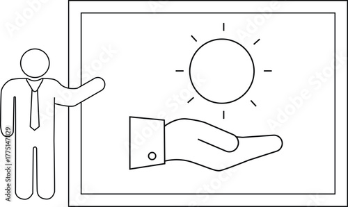 A person gestures to a presentation showing a hand holding the sun
