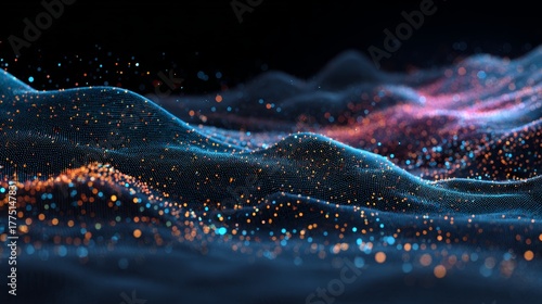 3D render, abstract background with colorful glowing dots on a dark blue wave landscape