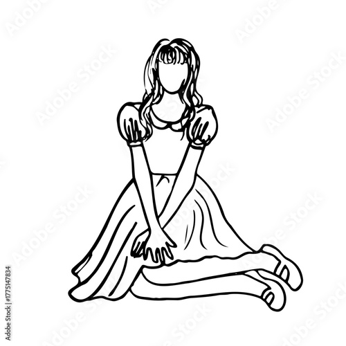 sketch of a faceless girl sitting on the floor in a knee-length dress with a voluminous hem, legs tucked under her knees - a hand drawn doodle in a realistic style