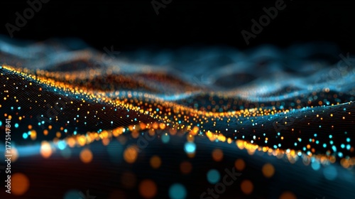 Wallpaper Mural 3D render, abstract background with colorful glowing dots on a dark blue wave landscape Torontodigital.ca