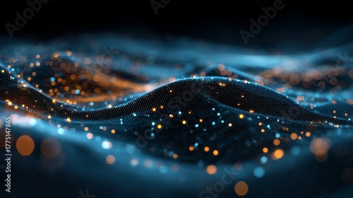 Wallpaper Mural 3D render, abstract background with colorful glowing dots on a dark blue wave landscape Torontodigital.ca