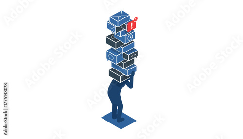 Information Overload Stress and Digital Fatigue: Isometric Conceptual Illustration of a Person Buried by Notification Icons