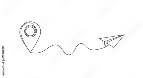 One continuous line illustration of a location marker with a paper airplane, a journey concept in a.eps format