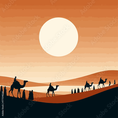 Camel Caravan Journeying Across Vast Desert Dunes Under a Sunset Sky