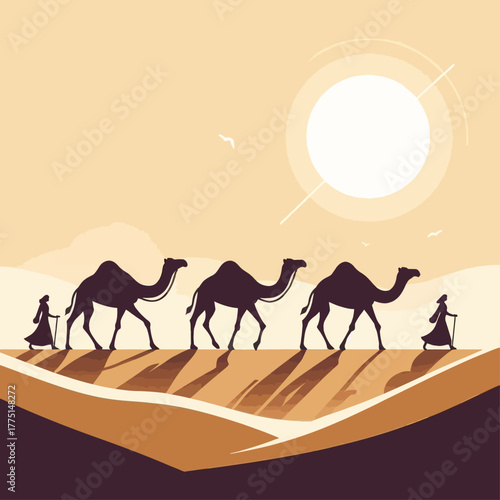 Desert caravan journeying across sandy dunes under a bright sun in a minimalist illustration