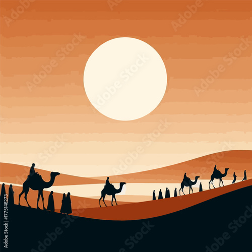 Silhouetted camel riders traverse barren desert lands under an orange sky