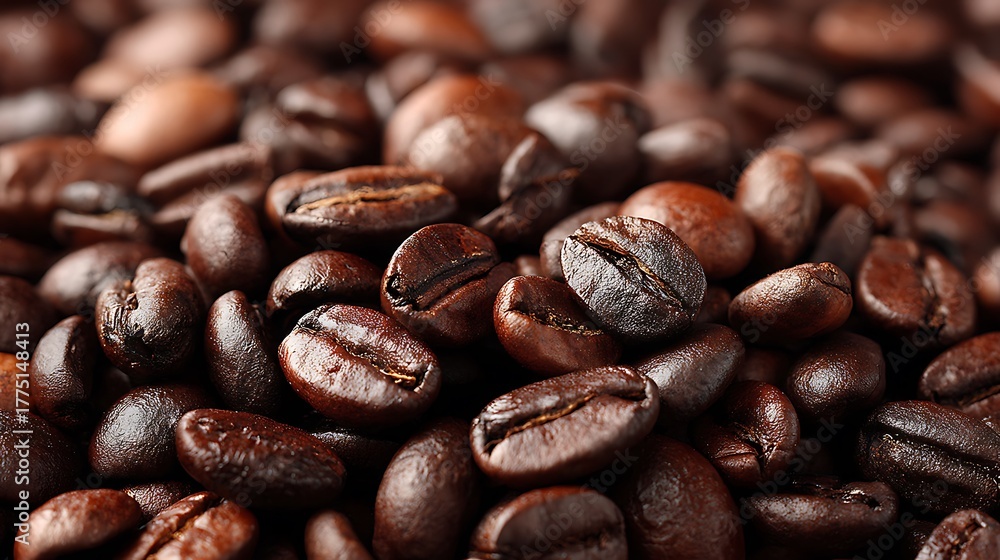 Fototapeta premium Closeup showcases aromatic, dark roasted coffee beans with rich, textural details and enticing colors