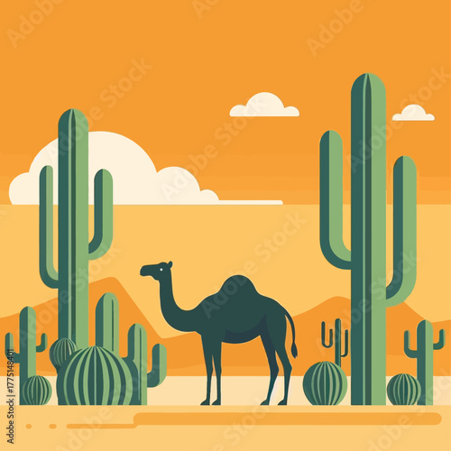 Minimalist desert landscape illustration featuring a lone camel walking among tall cacti under a vast, warm sky