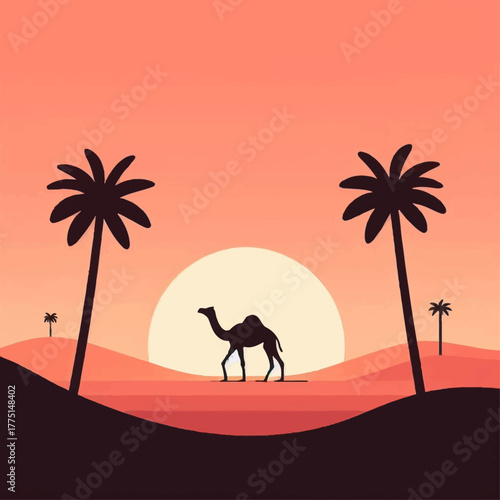 Solitary camel traversing vast desert dunes under a breathtaking sunset sky, flanked by silhouetted palm trees