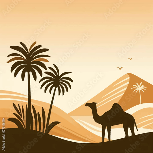 Golden desert landscape featuring a lone camel amidst palm trees and expansive sand dunes
