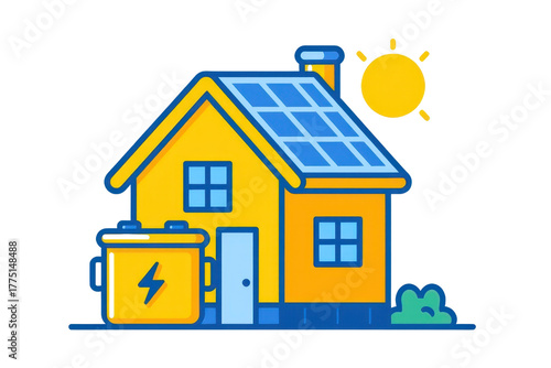 a simple flat 2D icon of an 'off grid' system, with a single house, a solar panel, and a battery, with no connection to an external power pylon, minimalist design, solid green and brown colors