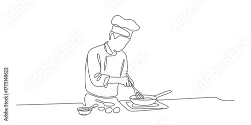 Continuous one line drawing chef cooking in kitchen