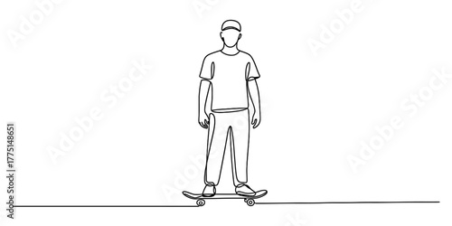 Continuous one line drawing skateboarder standing on skateboard