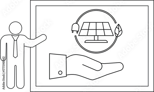 An outlined figure presents a solar panel held over a hand framed within a rectangle
