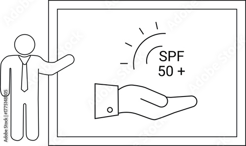 Figure pointing to a sign with SPF 50 sun graphic and a hand image